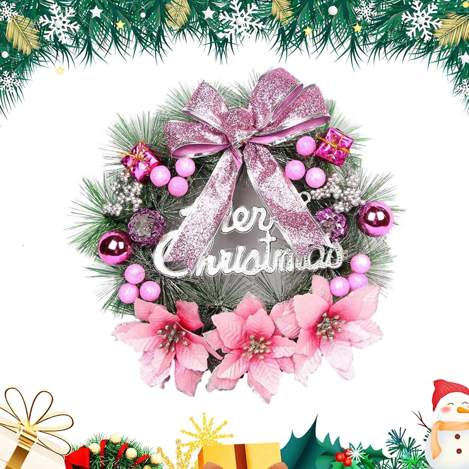 Warmiehomy Christmas Wreath 30cm Artificial Front Door Wreath Hanging Garland with Flowers and Bowknot, Christmas New Year Decoration Gift, Pink