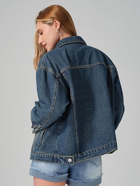 ROSWEAR WOMEN’S DENIM JACKETS OVERSIZED BUTTON LONG SLEEVE WASHED JEAN TRUCKER JACKET WITH POCKETS FADED DENIM BLUE MEDIUM