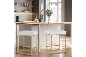 MAISON ARTS White & Gold Counter Height 24" Bar Stools Set of 2 for Kitchen Counter Modern Barstools Upholstered Faux Leather Square Stools Backless Farmhouse Island Chairs, 24 Inch Height