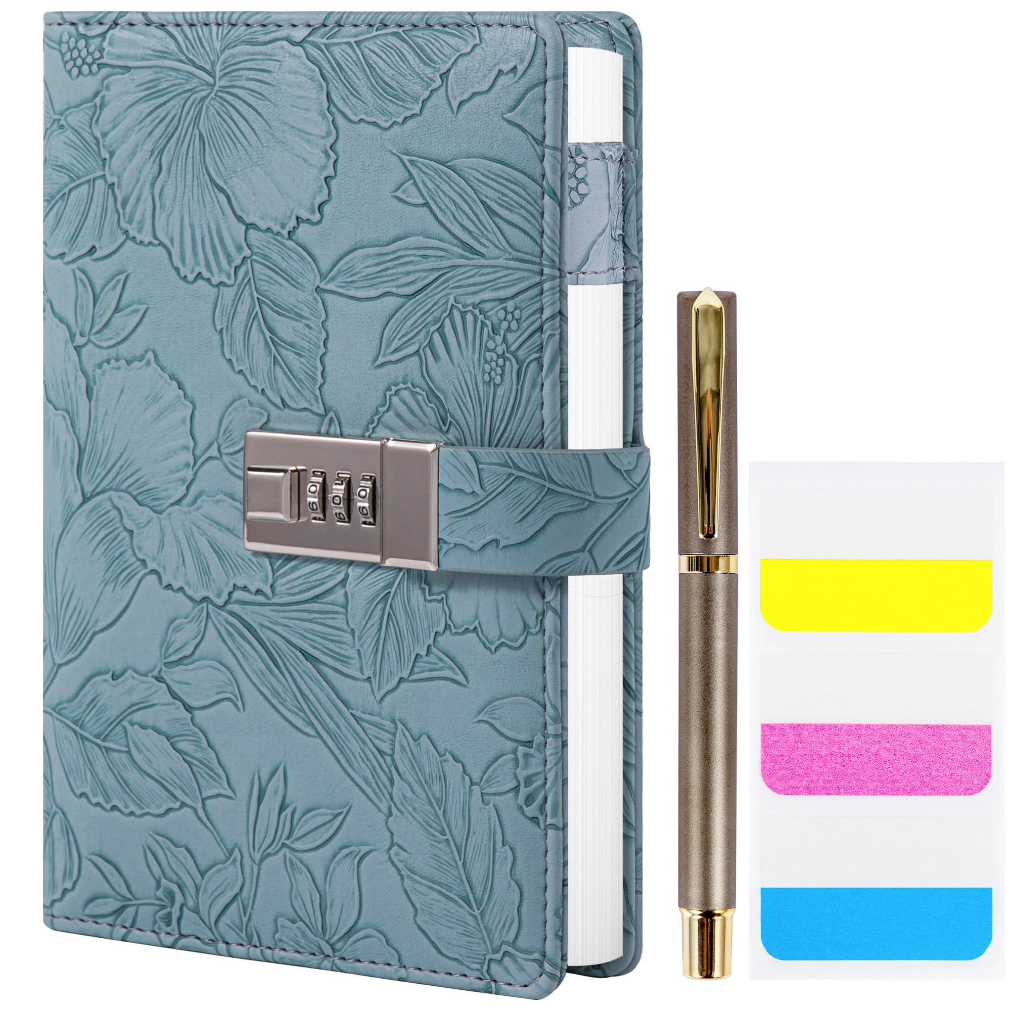TIEFOSSI Diary with Lock for Women, 3D Embossed Journal with Lock, 224 Pages Wide lined Notebooks, PU Leather with Pen and Stickers Planner Organizer for Women & Men