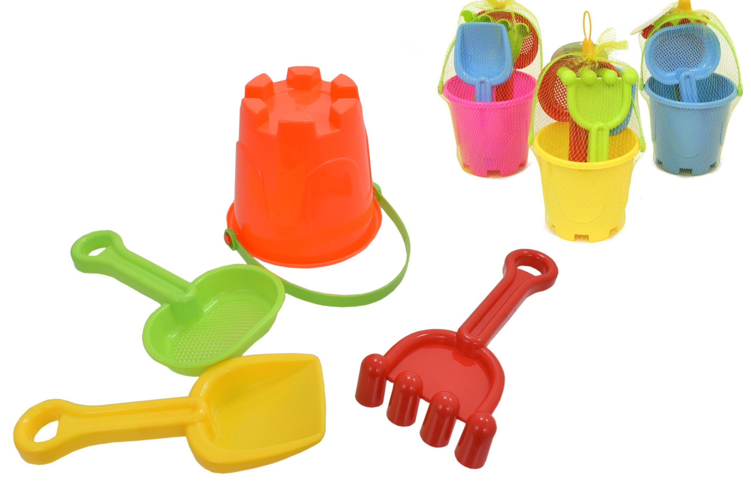 Smiley Face Bucket Set 4pc for Beach Holiday and Sand Pit - Includes Shapes/Bucket/Spade - Randomly selected from 4 colours - By Guilty Gadgets