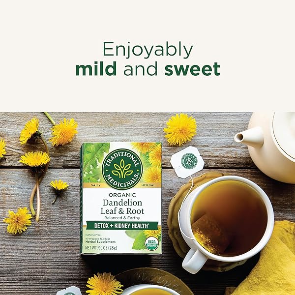 TRADITIONAL MEDICINALS ORGANIC, DANDELION LEAF & ROOT – DANDELION ROOT TEA, SUPPORTS NORMAL DETOX + DIGESTION – KOSHER, NON-GMO, CAFFEINE-FREE, COMPOSTABLE – 16 TEA BAGS