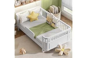 PVWIIK Twin Size Montessori Floor Bed Frame with Fence and Wood Slats for Kids Bedroom,Wood Platform Bed with Safety Guardrails for Girls & Boys, No Box Spring Needed,White