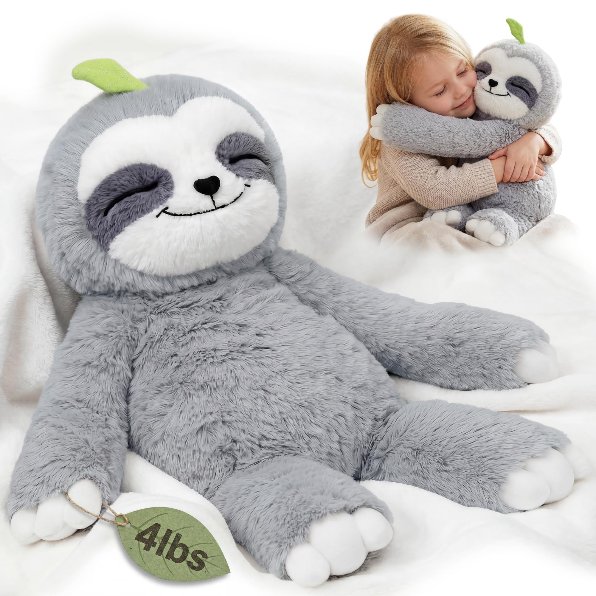 Mewaii 4 Lbs Weighted Stuffed Animals with Heating Pad- Heavy Belly & Limbs, 15" Sloth Heated Plush for a Realistic Hug, Super Soft Fluffy Plush Toy for Kids