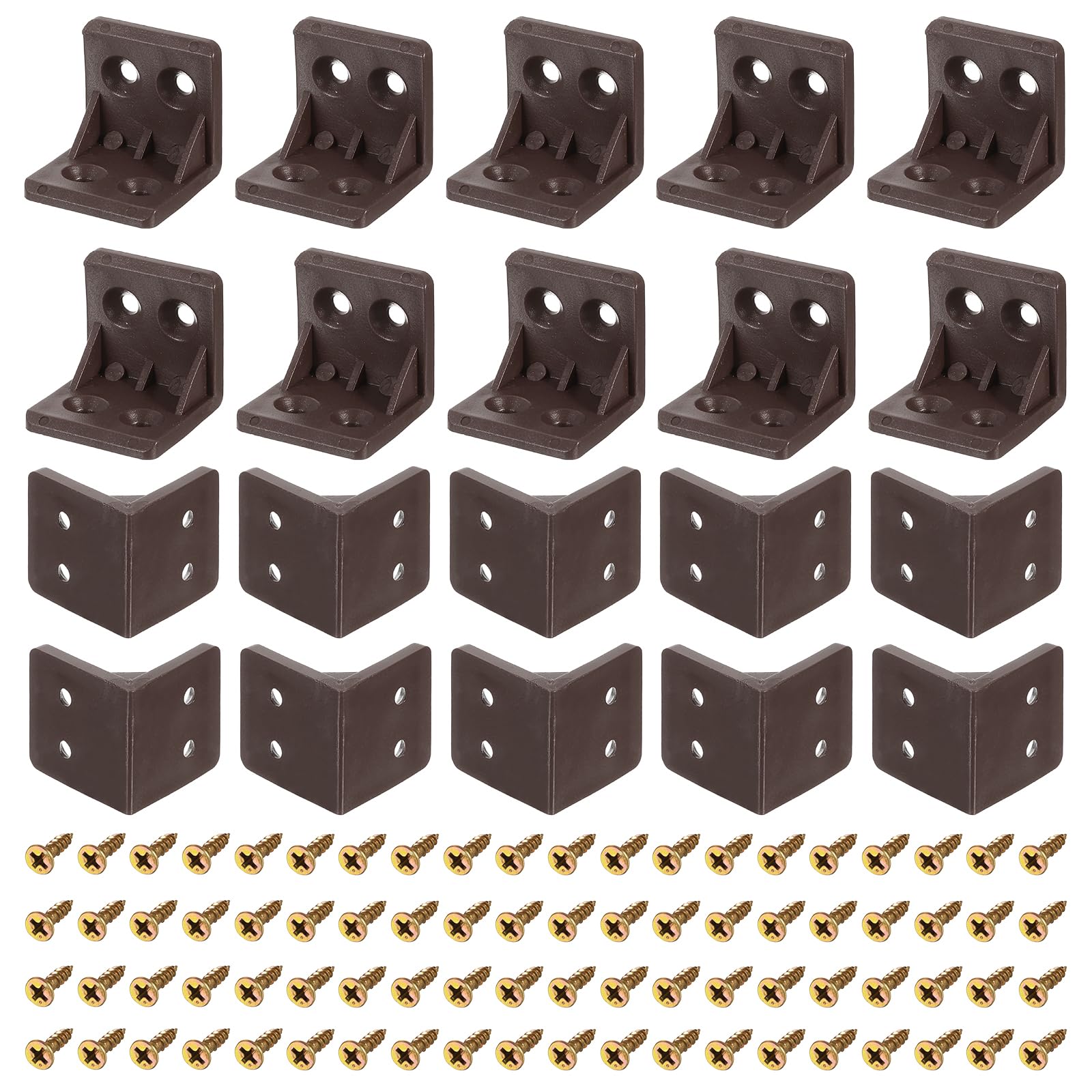 uxcell 30Pcs 90 Degree Plastic Corner Braces, 27.3x27x27mm Nylon Shelf Right Angle Brackets with Screws for Cabinets, Cupboards (Brown)