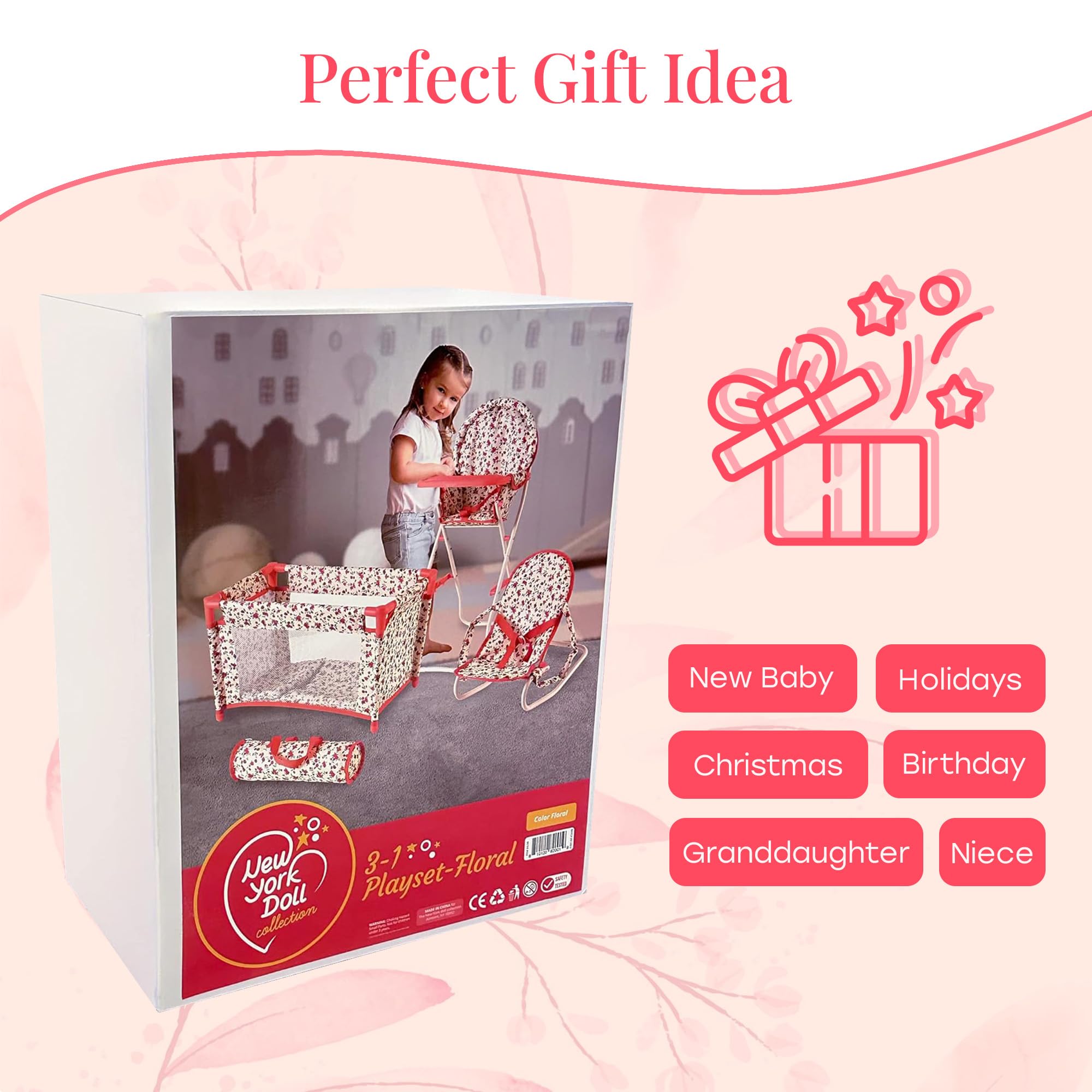 Floral Baby Doll Accessories Set, 3-1 Baby Doll Crib, Baby Doll High Chair & Bouncer Seat. 18 inch Doll Accessories with Doll Bed. 18