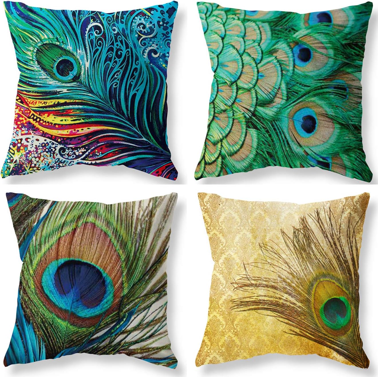 Joyceoo Peacock Feather Holiday Throw Pillow Case Covers 18x18 Inch Set of 4 - Oil Paniting Feathers White Blue Pink Linen Cotton - Farmhouse Winter Christmas Decorative Throw Pillow Covers Case