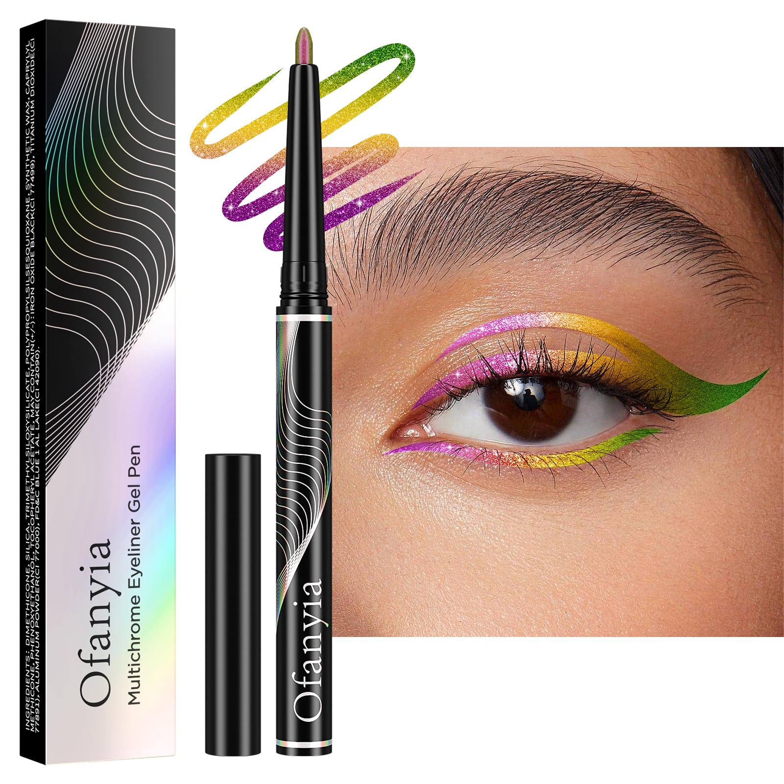 Ofanyia Multichrome Gel Eyeliner Pencil, Metallic Shimmer, Intense Color Shifting, Waterproof Smudge Proof, Purle Gold Green