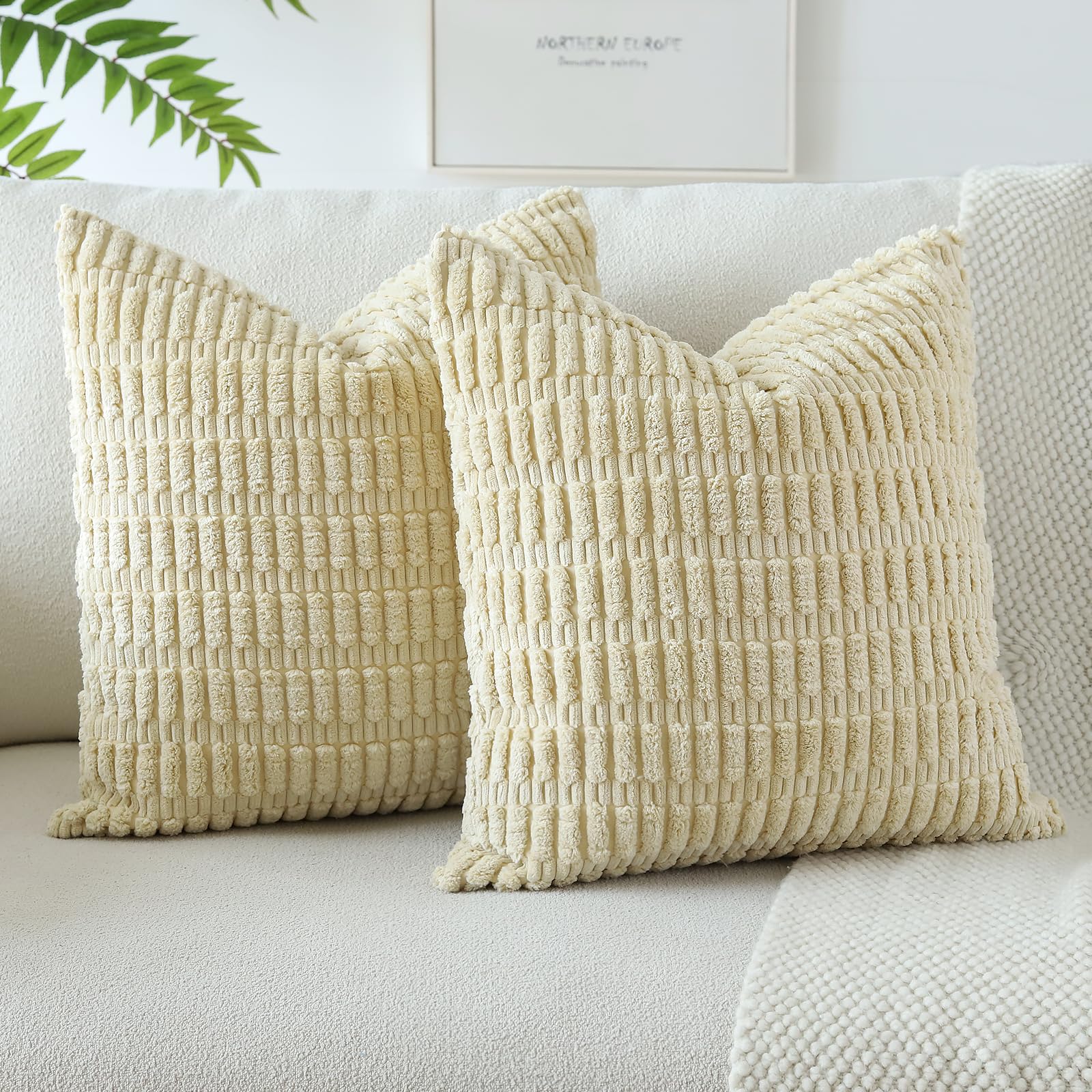 JOTOM Set of 2 Corduroy Soft Striped Cushion Covers 45x45 cm Decorative Throw Pillow Covers Square Cushion Case Home Boho Decor Pillow Cases for Couch Sofa Bedroom 18x18 Inch (Tan) — image 1