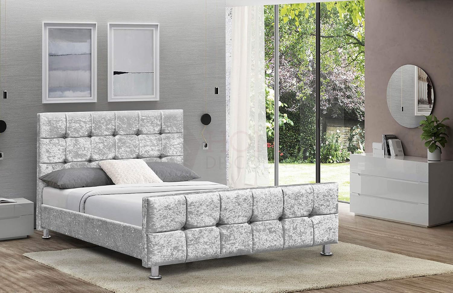 Vida Designs Valentina Double Bed, 4 Ft 6 Bed Frame Upholstered Fabric Headboard Bedroom Furniture, Crushed Velvet Silver - Image 3