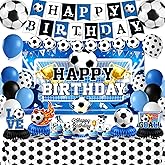 Soccer Birthday Party Decorations, 44Pcs Soccer Party Decorations with Happy Birthday Backdrop Tablecloth Foil & Latex Balloons and Cake Toppers Honeycomb Centerpieces for Boys’ Sports Party Supplies