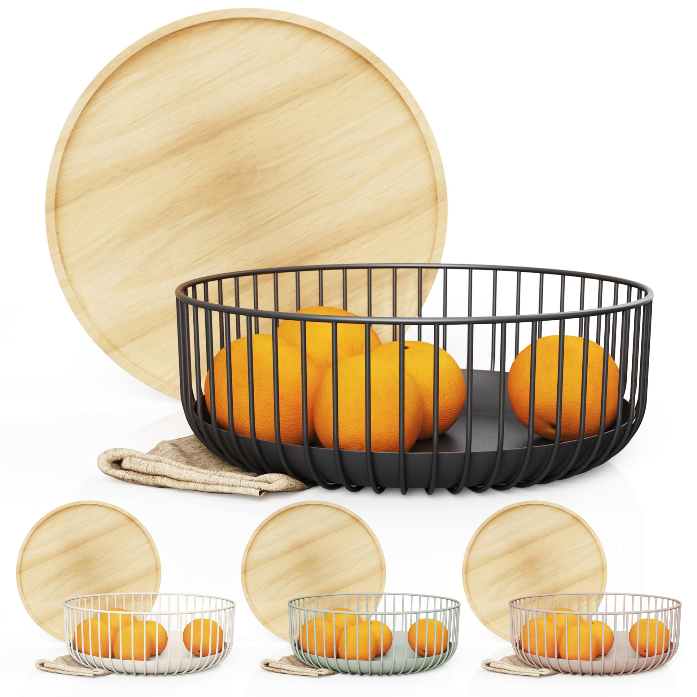 Photo 1 of LIBKEN Fruit Basket with Wooden Bamboo Lid - Fruit Bowl For Kitchen Counter - Countertop Bin for Produce Fruits, Potato and Veggie - Metal Wire Baskets For organizing - 11.4"x11.4"x4.5" - Black