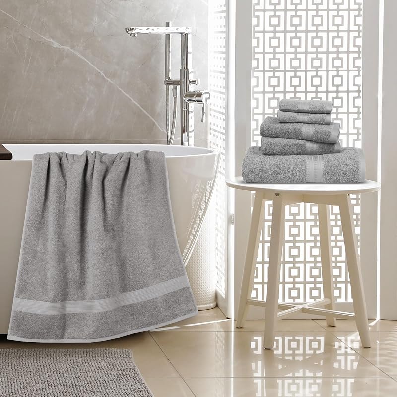 Set Asciugamani Bagno Spugna 100% Cotone 2 Teli + 2 Viso + 2 Ospite, Grigio, Confezione 6 Pezzi — foto 6 di 8