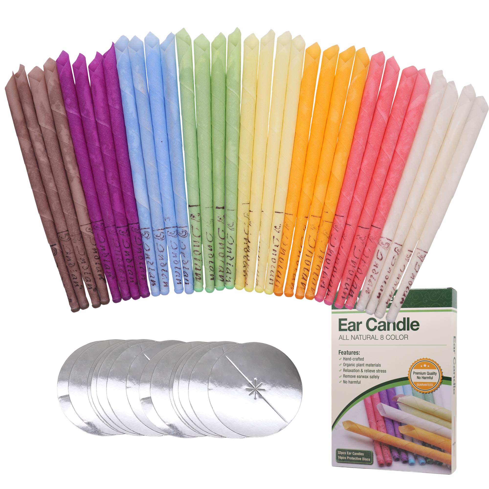Ear Candles 32pcs Natural Ear Candles Beeswax Candling Cones,with 16 Protective Disks，Ear Wax Remover Candles Kit with Natural Organic Beeswax (32 pcs)