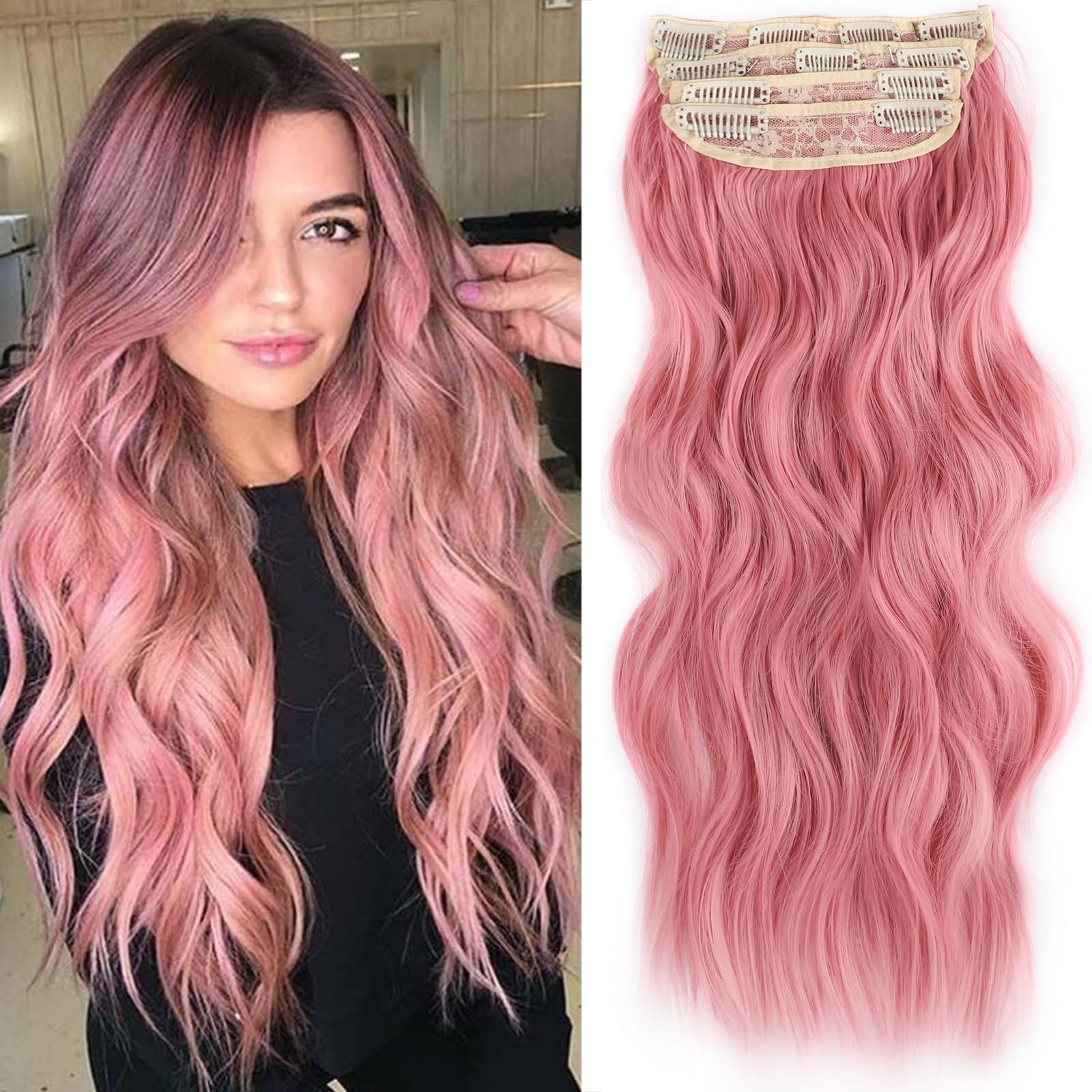 Photo 1 of 4 PCS Pink Clip in Hair Extensions Natural Soft Long Wavy Synthetic Clip On Hair Extensions 20 Inch Thick Hairpieces Double Weft Hair 11 Clips