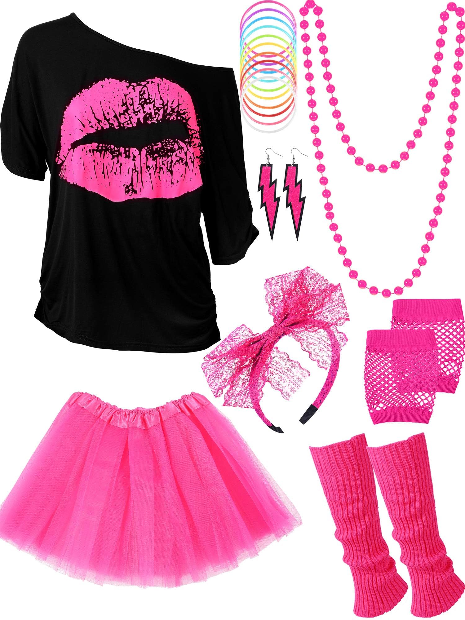 Blulu 80s Costume Accessories Set T-Shirt Tutu Headband Earring Necklace Leg Warmers