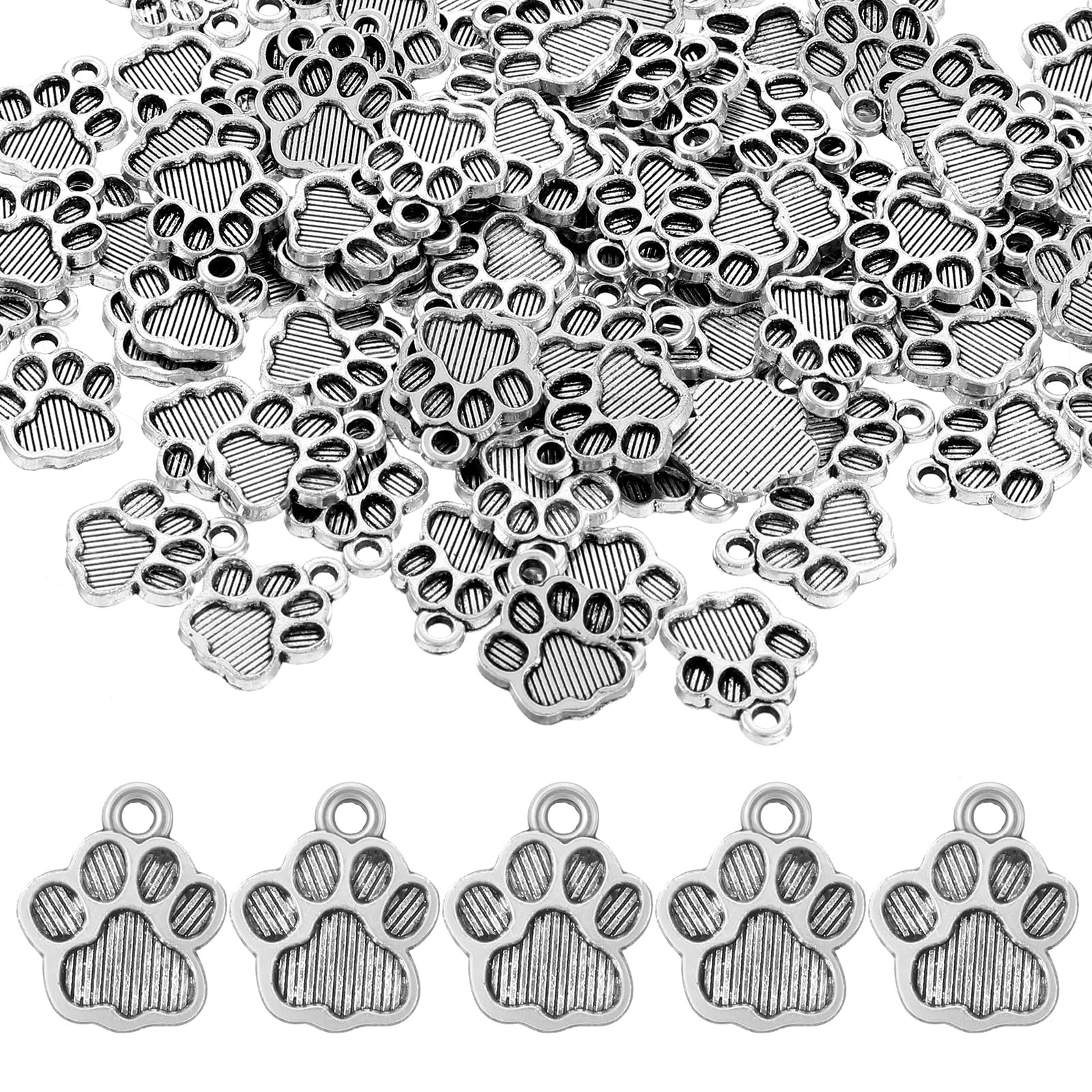 Ymapinc 100Pcs Metal Dog Paw Charms, Keychain Animal Footprint Pendant for Jewelry Craft Making DIY Bracelets Earrings Puppy Charms(Silver, Zinc Alloy)