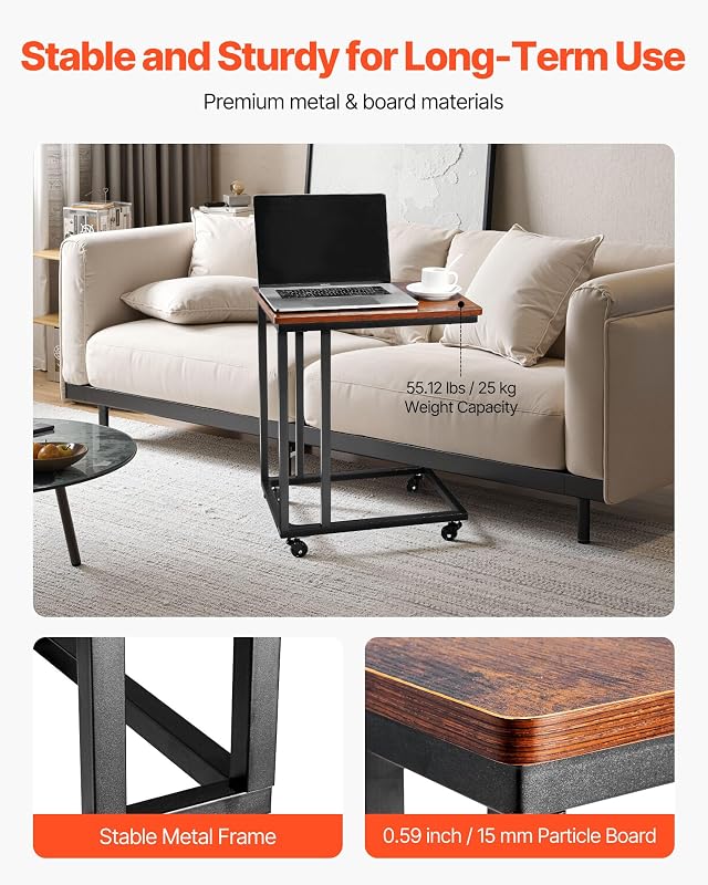 Mesa de cabeceira em forma de C, mesa de centro em C de 500 x 350 x 605 mm com estrutura e rodas metálicas, mobiliário para portátil para sala de estar, quarto, escritório, castanho e preto