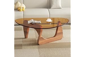 EASYSOUL Modern Glass Coffee Table, 32.68" D x 22.44" W x 15.75" H, Abstract Round Tea Tables for Living Room Home Office Industrial Cocktail Tables (Walnut-Brown Glass, 32.68")