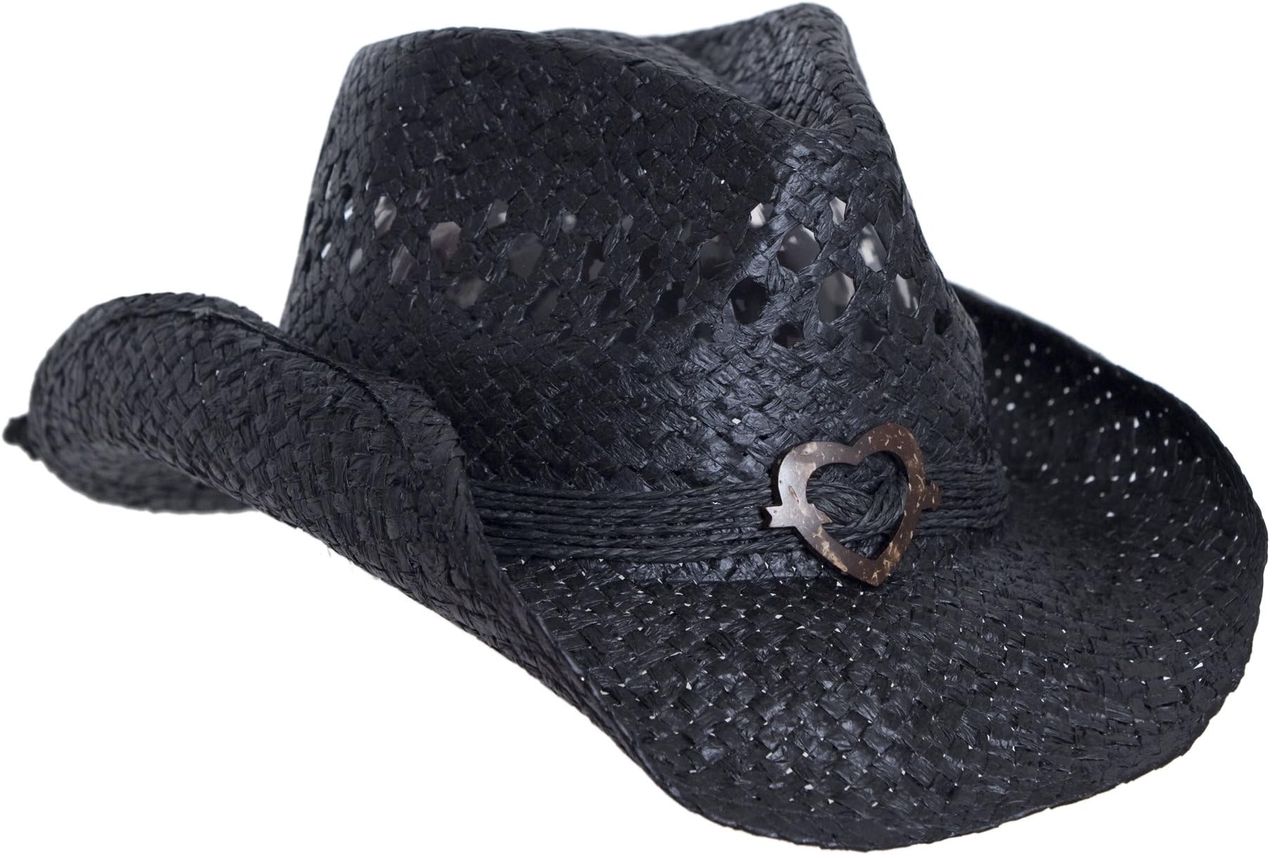 Boho Hip Cowboy Hat with Heart Concho, Natural Toyo Straw, Shapeable Brim