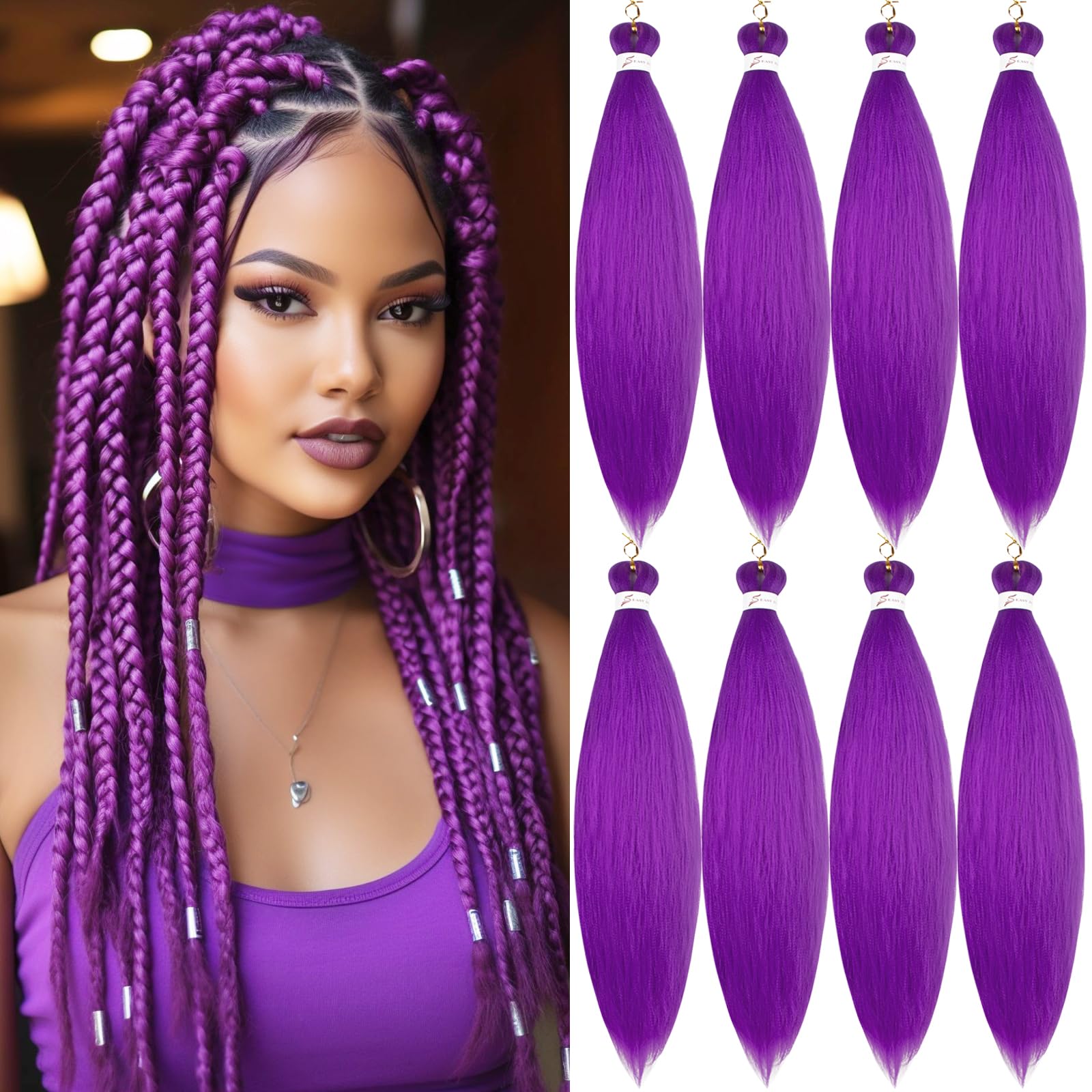 Pre-stretched Braiding Hair Professional Easy Crochet Braid Hair 26 Inch 8 Packs Hot Water Setting Soft Synthetic Braiding Hair(26 inch light purple) — image 1