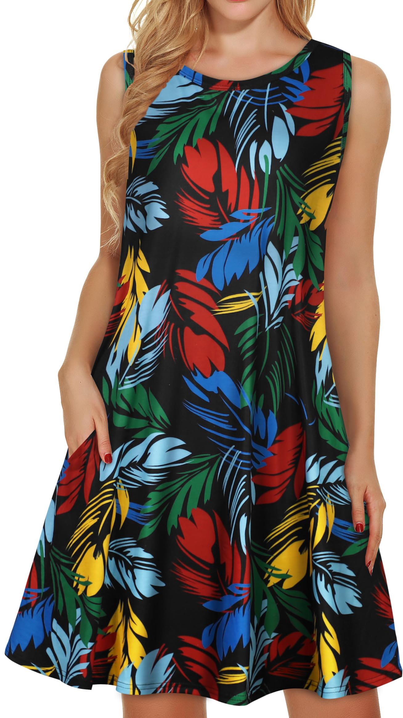 Photo 1 of Summer Dresses for Women Casual Beach Sleeveless Sundress Scoop Neck Swing Tank Dress with Pocket(Colorful Leaves, 2XL)