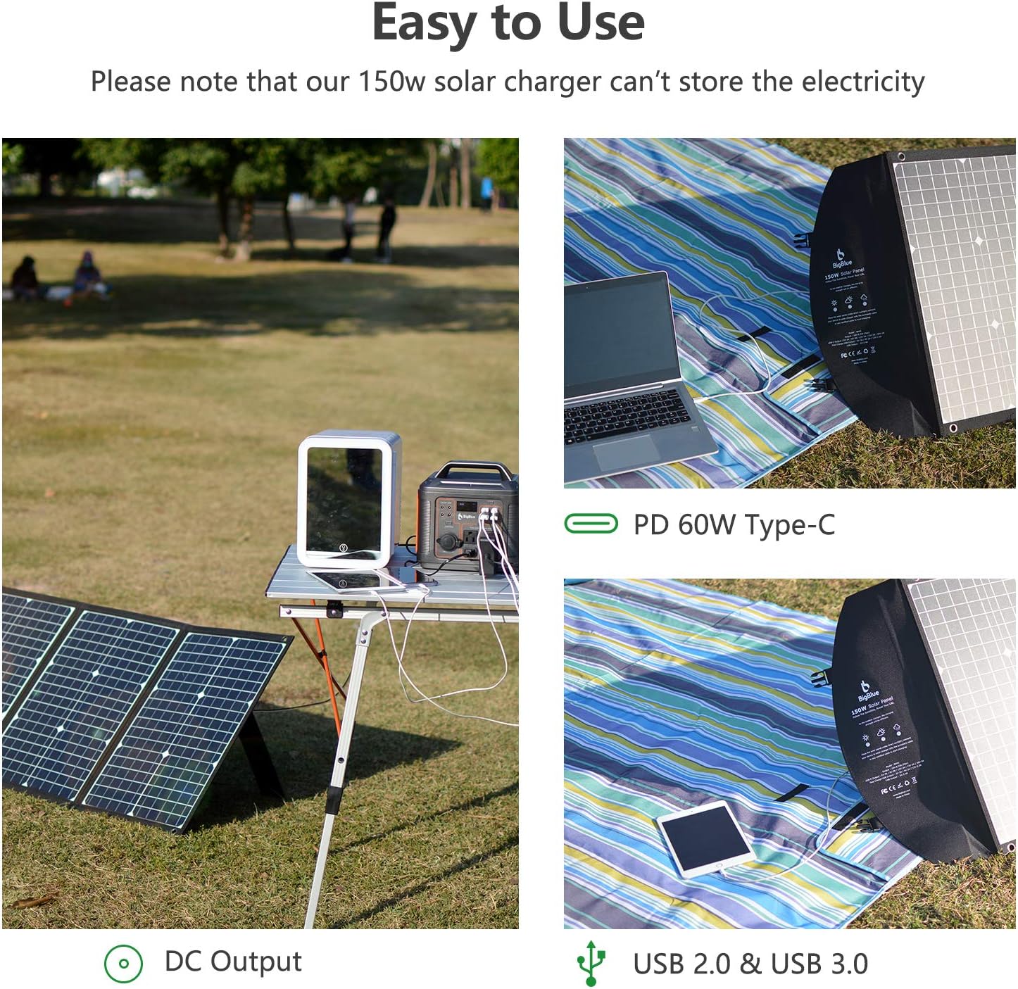 150W Solar Panel Kit, BigBlue Portable Solar Charger with Kickstands, 60W PD Type-C/2USB/Anderson Connector, Compatible with Suaoki/Jackery/Goal Zero Power Station, Laptops Car Boat RV Battery