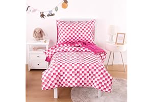 Wake In Cloud - Toddler Bedding Set for Boys Girls, Cute Gingham Grid Checkered, 4 Pieces Soft Crib Bed Set Including Comforter, Sheets and Pillowcase, Hot Pink White