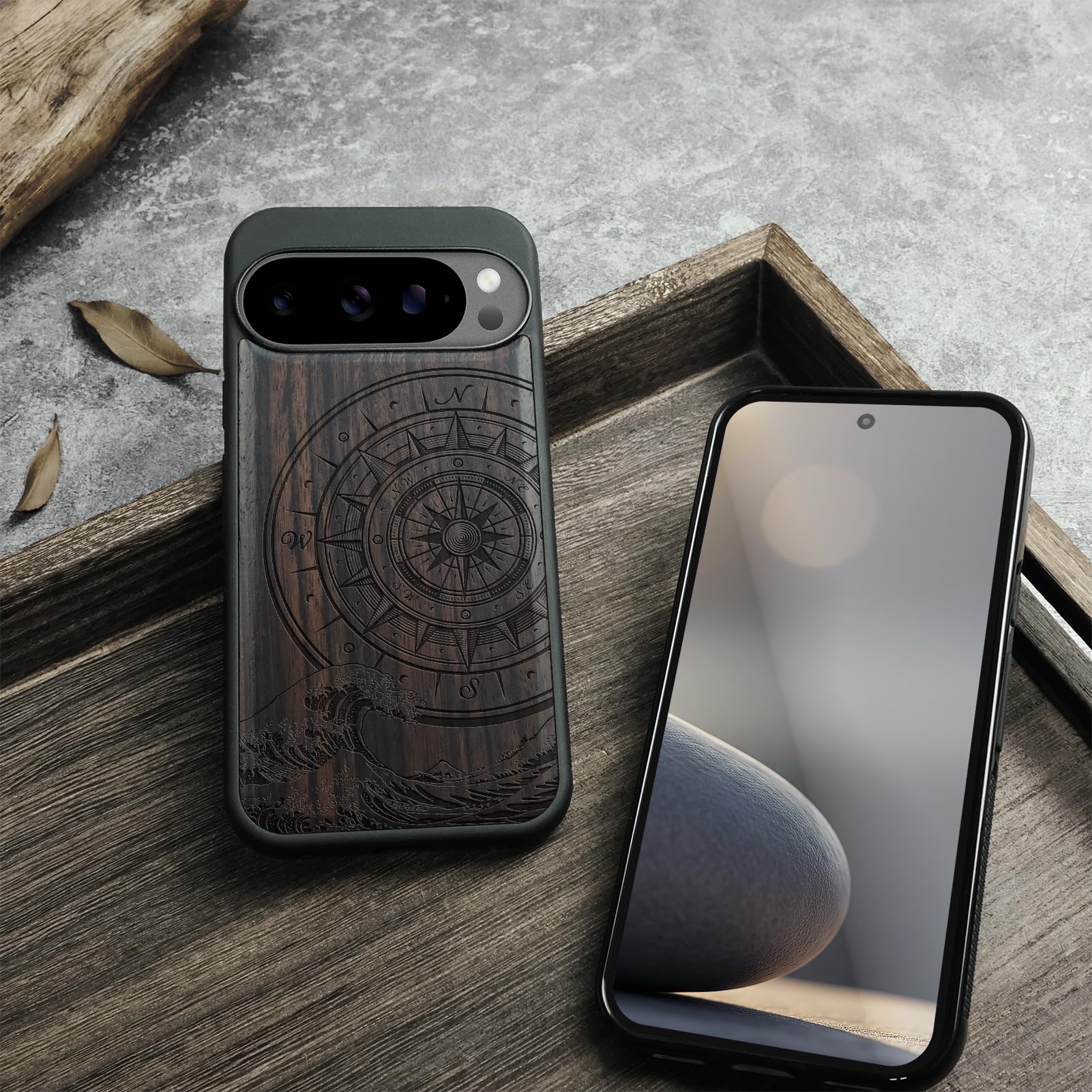 Carveit Holz Cover für Pixel 10 Pro XL hülle, Handyhülle kompatibel MagSafe Silikon Stoßfeste Case, Magnetisch Hull für Google Pixel 10 Pro XL Handyhulle（Dunklesholz-Der Kompass vor Kanagawa Waves） 5