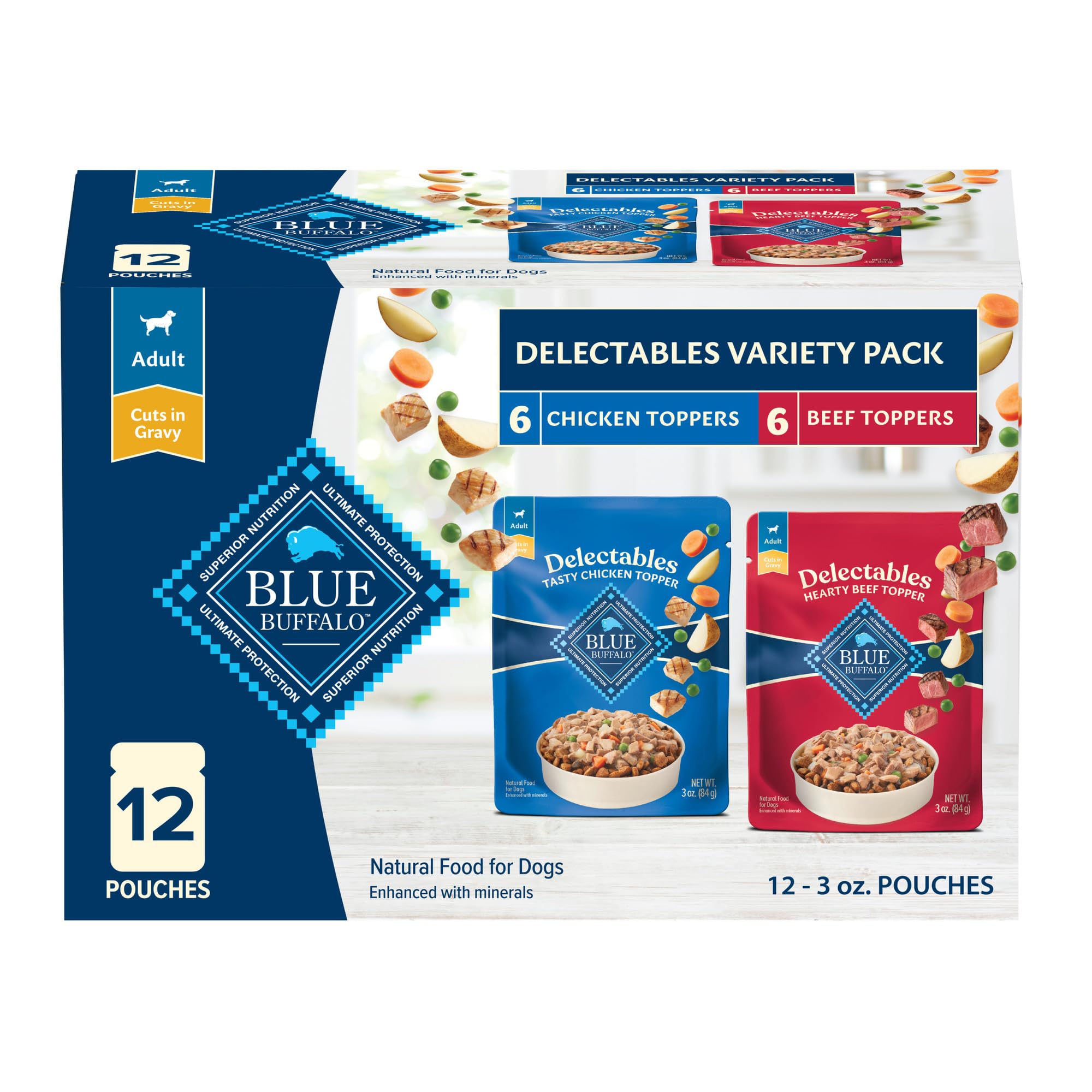 Photo 1 of ***EXPIRATION: 11/20/26 | FACTORY SEALED*** Blue Buffalo Delectables Natural Wet Dog Food Toppers Variety Pack, Tasty Chicken & Hearty Beef, Cuts in Gravy, 3-oz. (12 Pouches, 6 of Each Flavor)