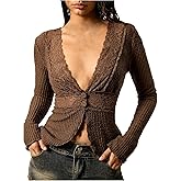RoseSeek Women's Lace Patchwork Tops Deep V Neck Long Sleeve T Shirts Slim Fit Crop Tops