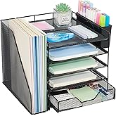 Gugsey Desk Organizer, 5-Tier Paper Letter Tray Organizer with File Holder, Drawer and Pen Holder, Desktop Organizer for Office Supplies, Black
