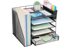 Gugsey Desk Organizer, 5-Tier Paper Letter Tray Organizer with File Holder, Drawer and Pen Holder, Desktop Organizer for Office Supplies, Black