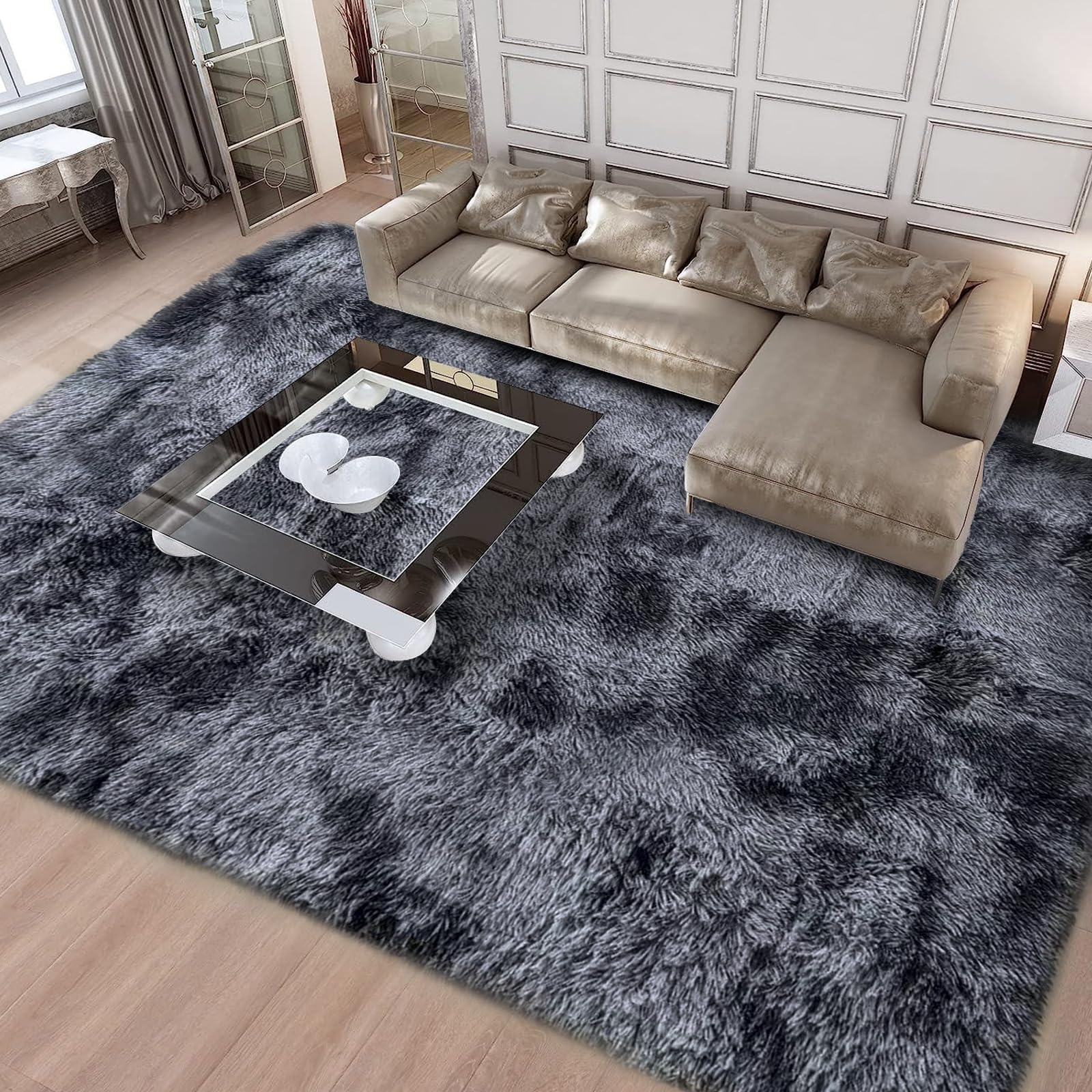 Tinyboy-hbq Area Rugs Fluffy Bedroom Carpet Soft Floor Mat Anti-Slip Living Room Rugs Shaggy Plush Carpets for Living Room Home Decor (Black grey, 200 * 250cm)