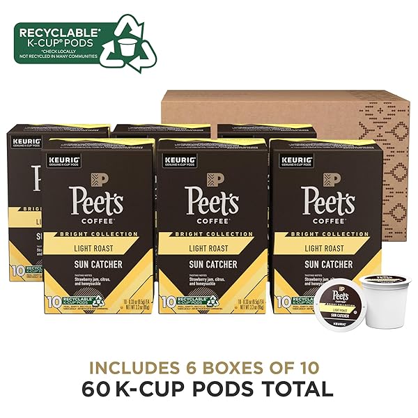 PEET’S COFFEE, LIGHT ROAST KEURIG K-CUP PODS, 100% ARABICA COFFEE – SUN CATCHER 60 COUNT (6 BOXES OF 10 PODS)