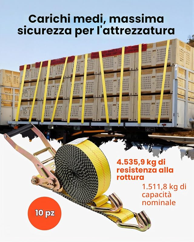 Cinghie di Fissaggio con Doppio Gancio a J da 50,8 mm x 9,1 m, Resistenza alla Rottura di 4536 kg, Borsa per il Trasporto, per Traslochi, Rimorchi, Motociclette, Kayak, Tetto, Confezione da 10