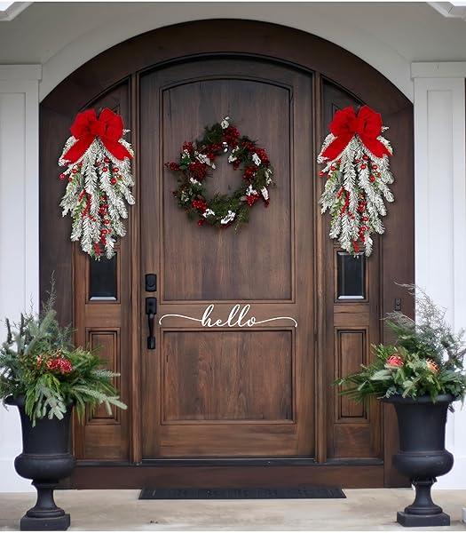 FLOROAD 28 INCH PRE-LIT CHRISTMAS TEARDROP SWAG, DECORATED WITH ARTIFICIAL FLOCKED PINE BRANCH RED BERRY WIRED BOWKNOT WHITE LED LIGHT, WHITE SNOWY CHRISTMAS DECORATION FOR FRONT DOOR OUTDOOR
