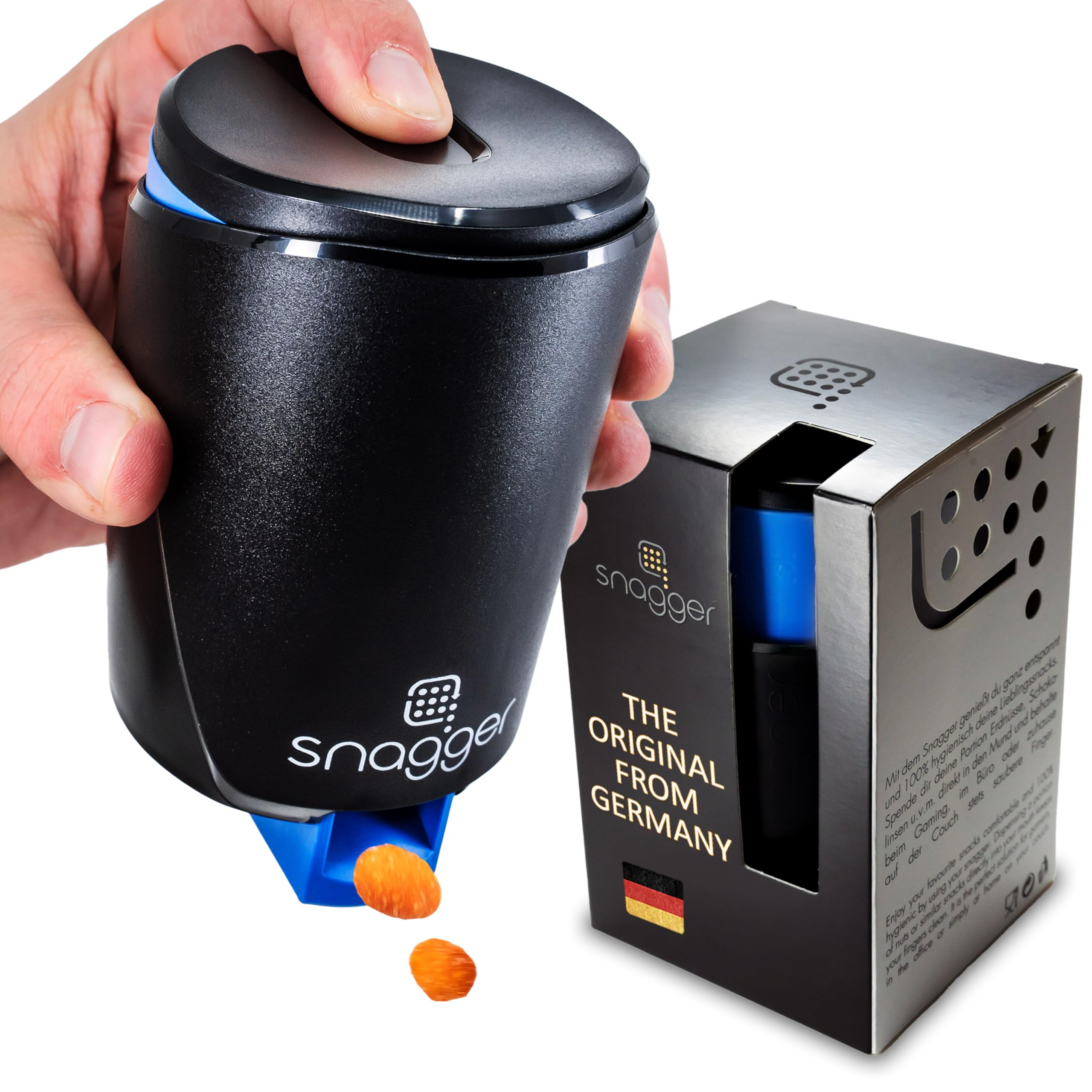 snagger - The snack dispenser // clean hands when snacking // suitable for peanuts, NicNacs, etc. // Men's gamer gift // Made in Germany (black-blue)