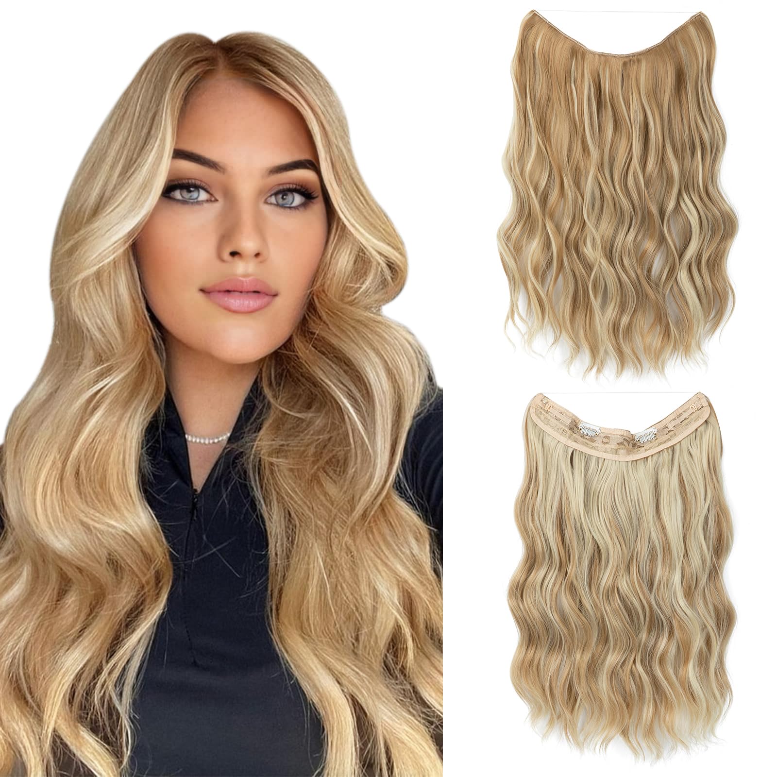 Photo 1 of SARLA Invisible Wire Hair Extension with 3 Clips Synthetic Short Beach Wave Hairpiece Transparent Adjustable Headband for Women 16 Inch Honey Blonde/Bleach Blonde