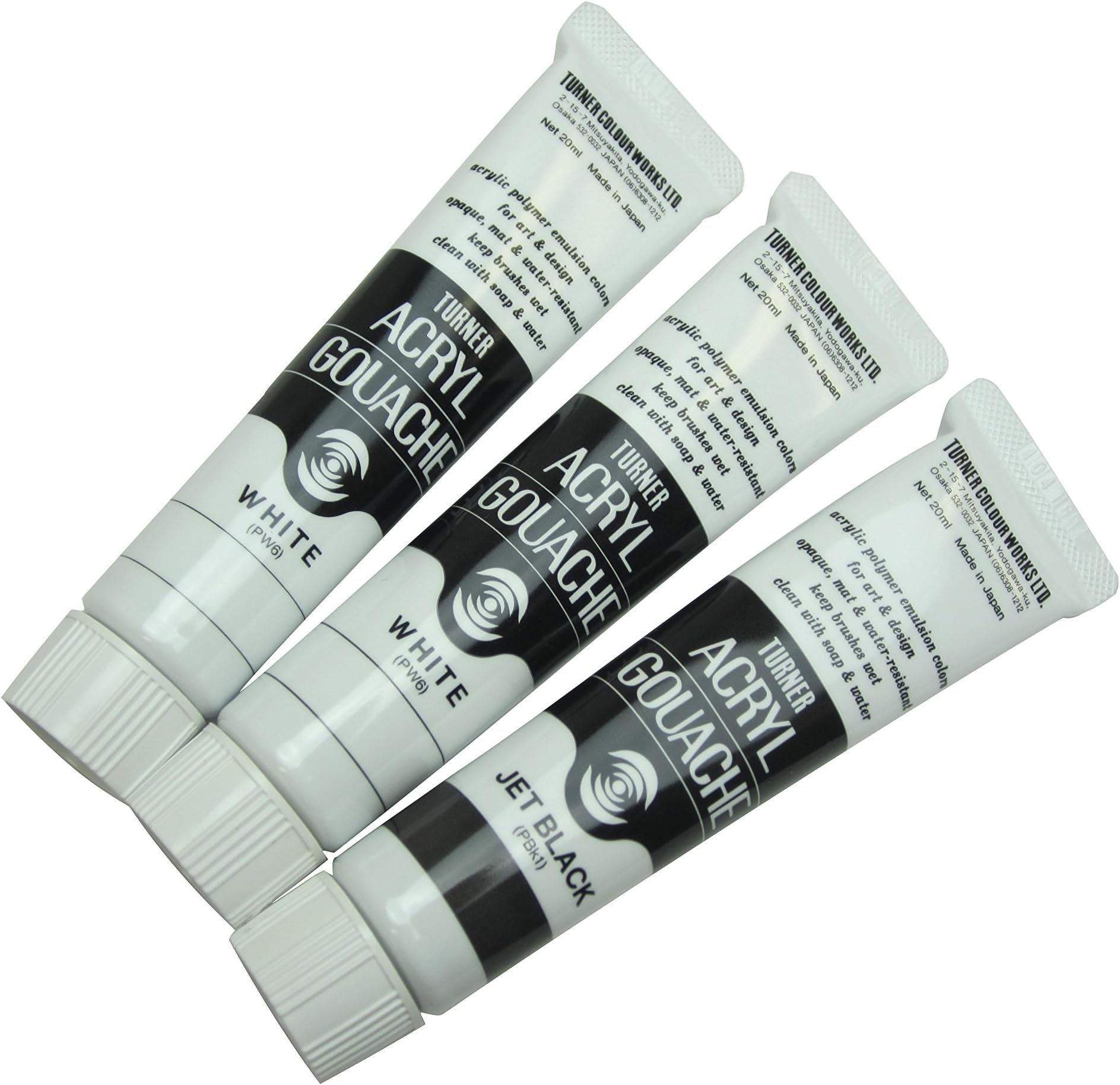 Turner's Color Acrylic Gouache, White, White + Jet Black, Set of 3, 0.7 fl oz (20 ml) (No. 6)