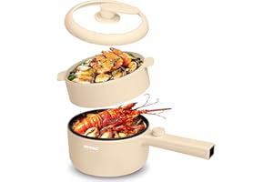 HYTRIC Hot Pot Electric with Steamer, 1.5L Portable Non-stick Frying Pan, Electric Cooker for Steak, Egg, Pasta, Ramen Cooker with Dual Power Control, Electric Pot for Office, Dorm, Camping, Yellow