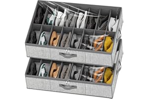 homyfort 32 Pairs Shoe Organizer Under Bed, Underbed Shoe Storage Boxes Bins, Organizador De Zapatos, Extra Large Zapateras Organizer, Grey, Set of 2