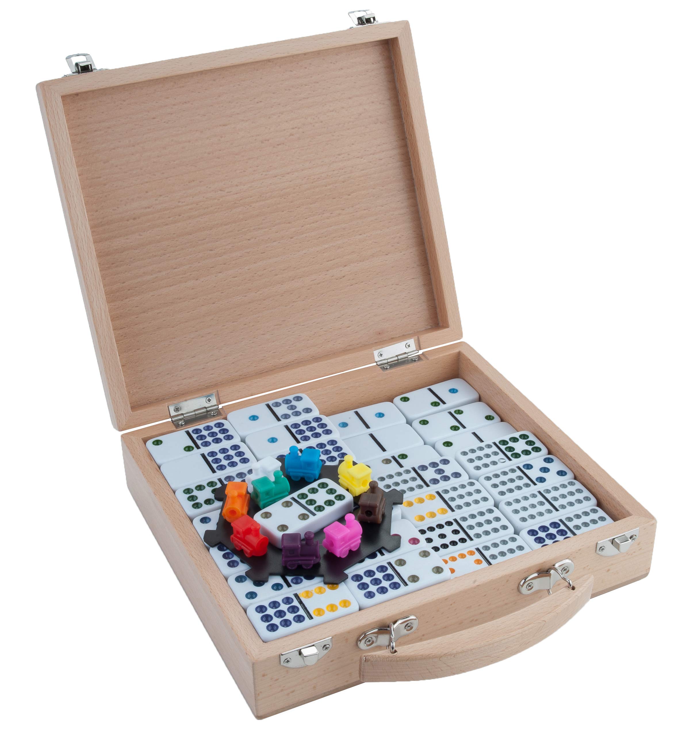 Engelhart - 250150 - Mexican Train Dominoes Set D12 - Wooden Case - Traditional Set with Station and Trains - 91 Dominoes - 2 to 8 Players