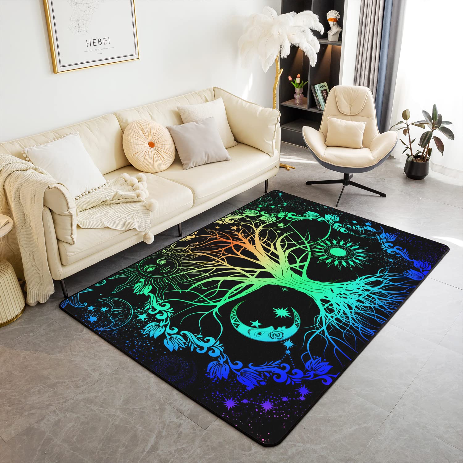 Homemissing Colorful Tree Area Rug Tree Branches Pattern Indoor Floor Mat Room Decorative Leaf Branches Living Room Rugs Sun Moon Green Black Accent Rug 100 * 150cm