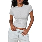 PrettyGuide Women's Cotton Crop Tops Short Sleeve Crewneck Basic Tee Tight Fit Y2K Baby Tee Cute Casual Summer Going Out Tops