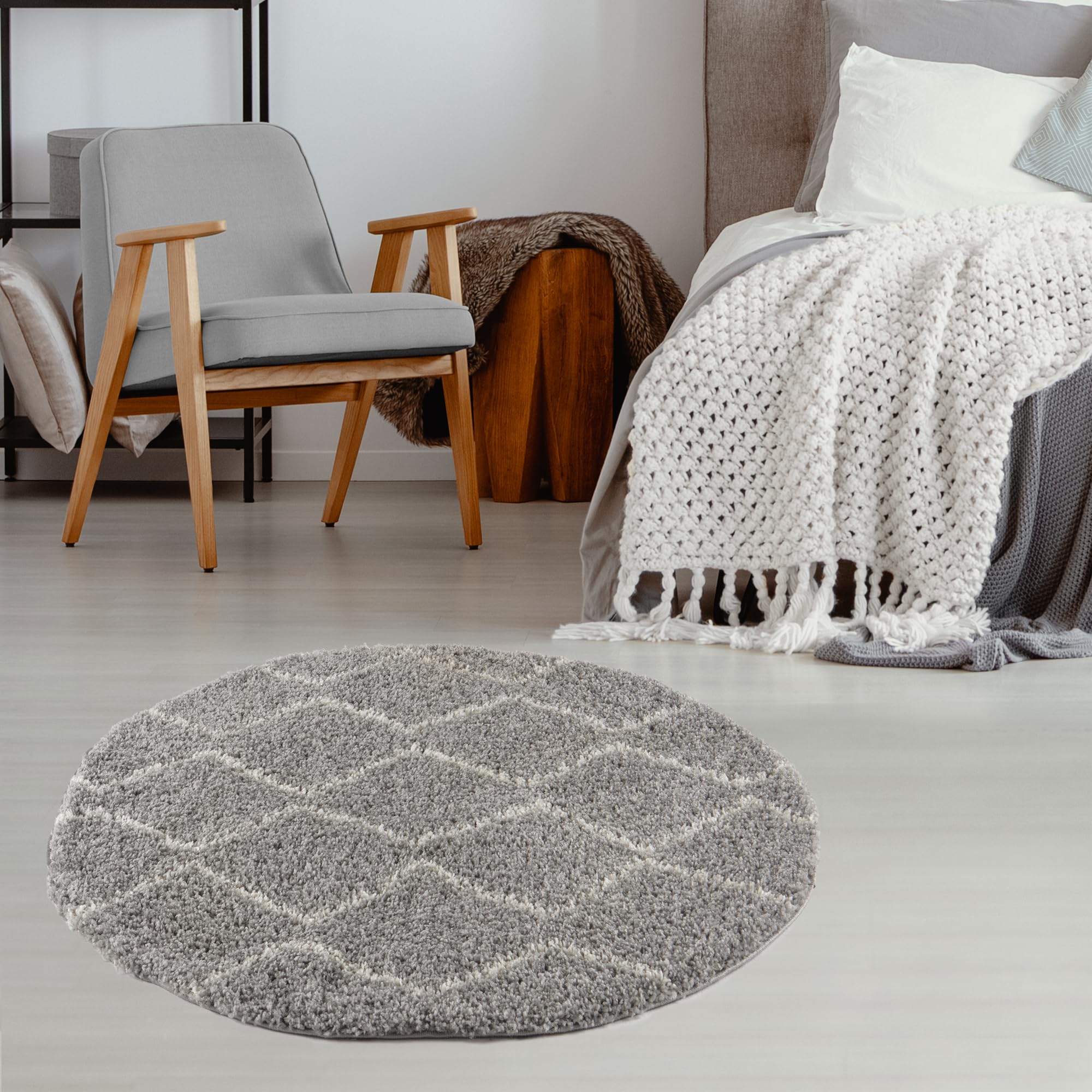 THE RUGS Modern Moroccan Design Living Room and Bedroom Rugs, Non-Shedding & Easy Care (Boho Grey/Ivory, 120 cm Round)