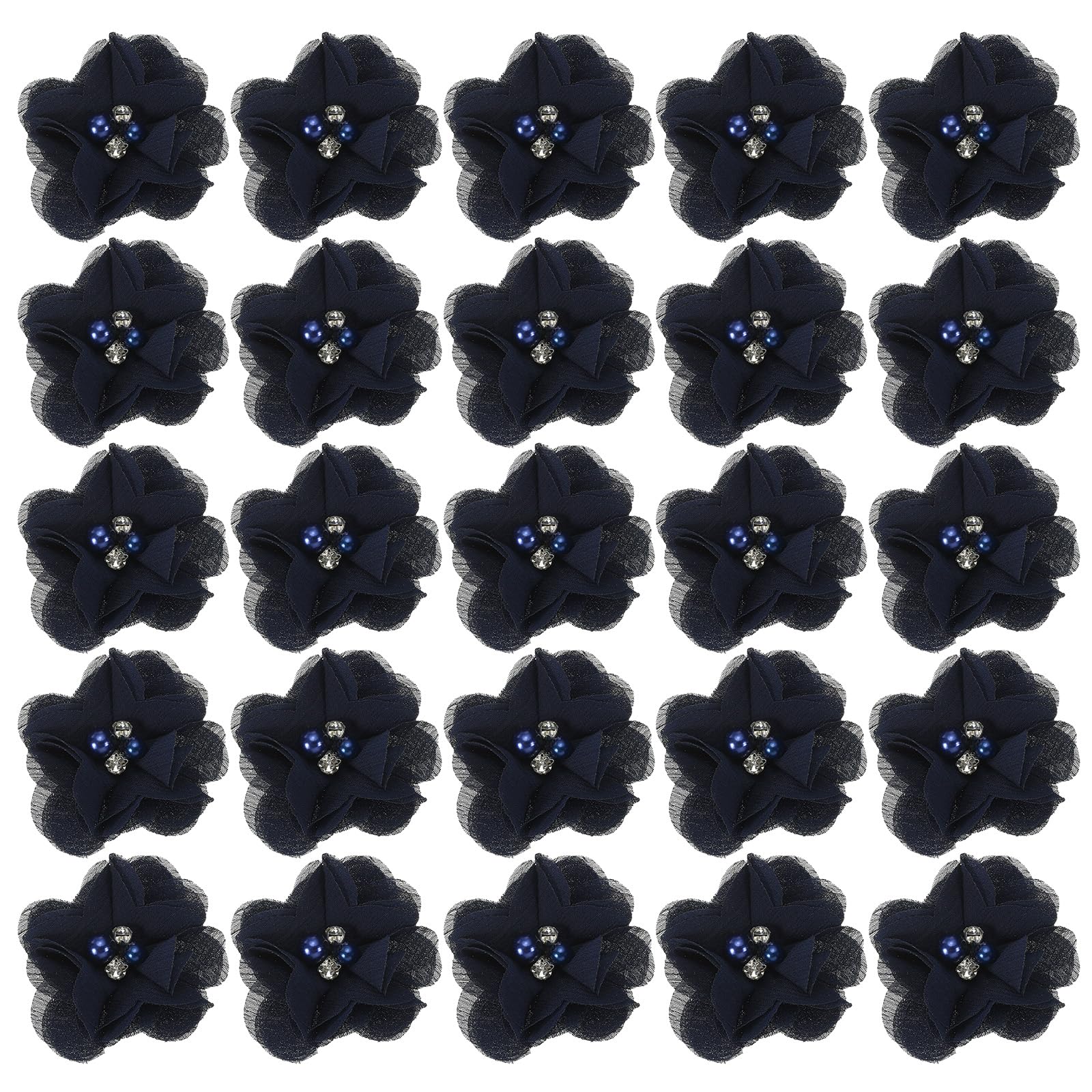 PATIKIL 2" Chiffon Flowers, 30Pcs Fabric Flowers Sewing Appliques Embellishments with Rhinestone Pearl for DIY Crafts Wedding Headbands Party Decoration, Dark Blue