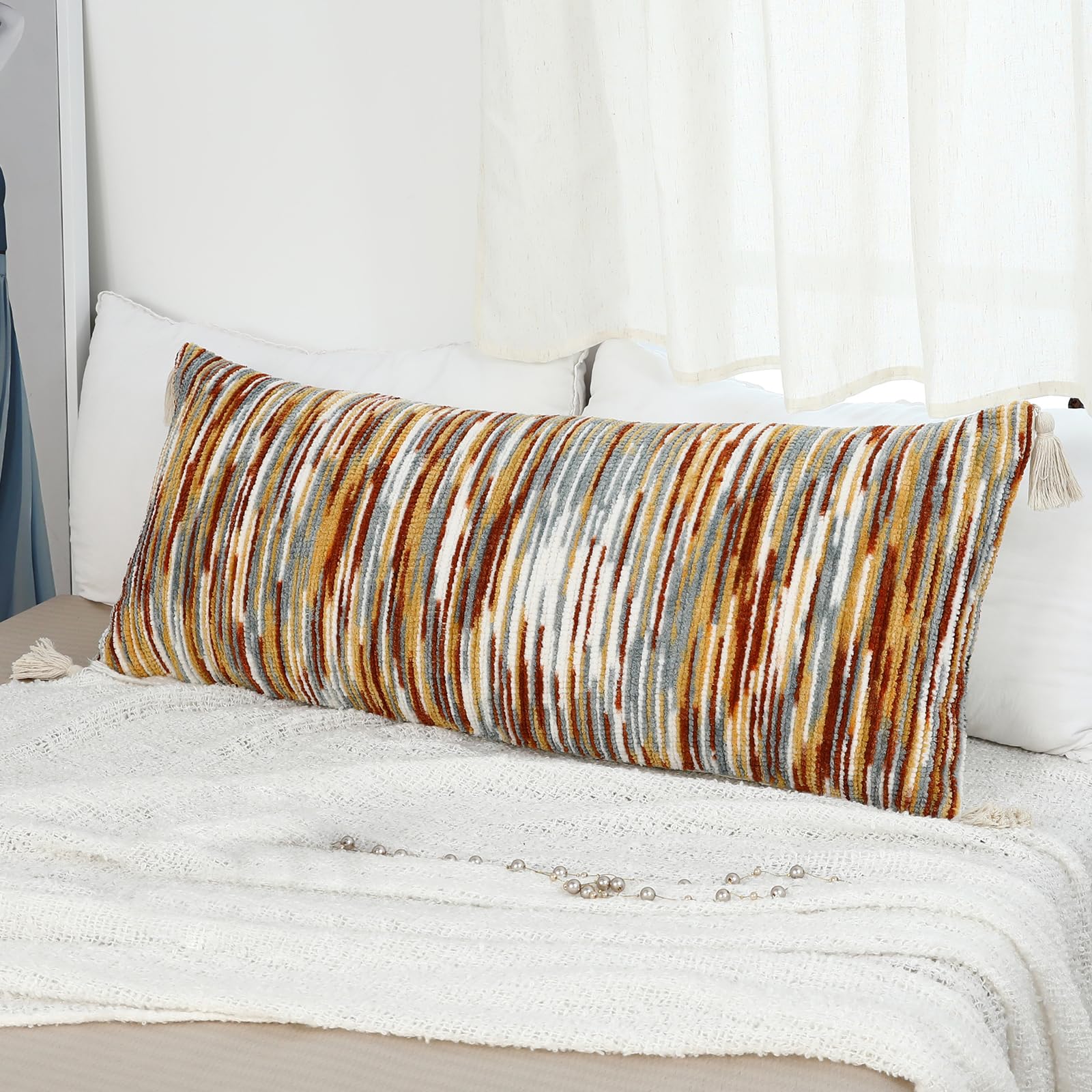 Labilin Boho Long Lumbar Cushion Covers 14x36 Farmhouse Decorative Cushion Case Multicolor Pillows Cover Chenille Cushion Cover With Tassels 3D Striped Pillowcase for Sofa Couch Bed, Camouflage