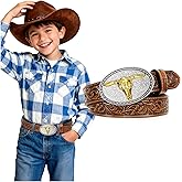 SANSTHS Kids Western Belt for Boys Girls Genuine Leather Cowboy Cowgirl Belts with Detachable Buckle for Jeans Western Gifts