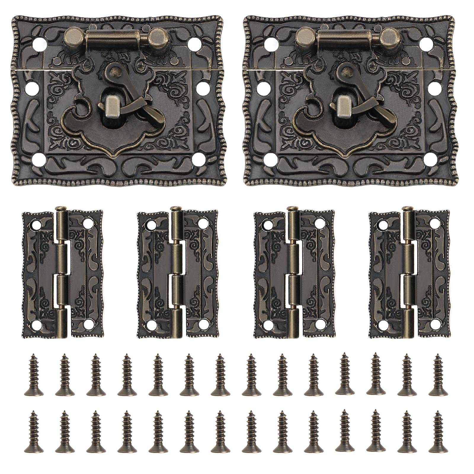YINETTECH 2PCS Antique Embossing Hasp Latch Lock & 4PCS Bronze Mini Hinge Home Decorative Hardware for Vintage Wooden Box Jewelry Box Wine Box Cabinet Cupboard